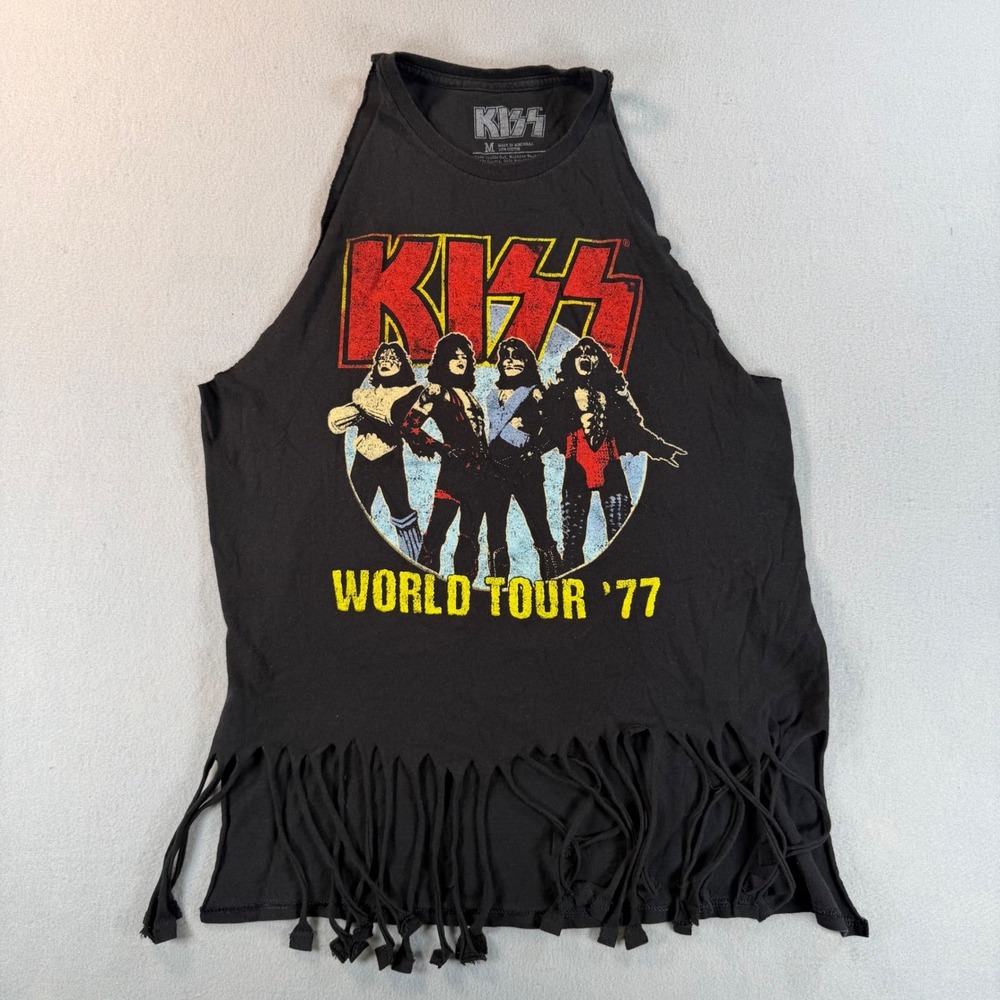 KISS World Tour 77 Graphic Fringe Tank Top Black Sleeveless Band Tee Womens M